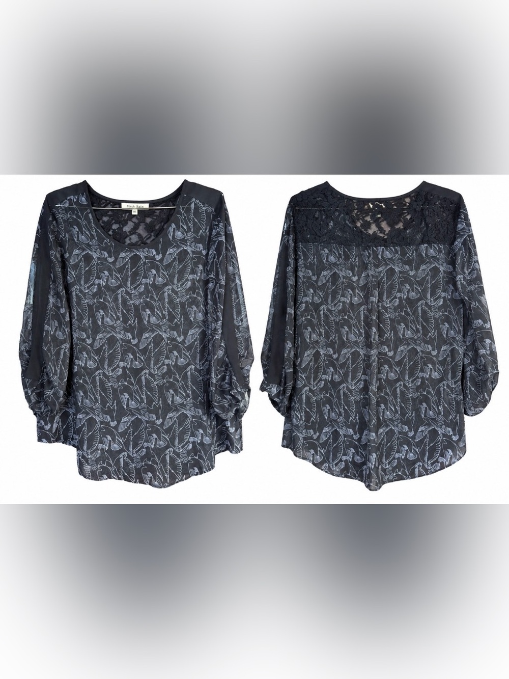 Black Rainn Sheer Bird Print Lace Back Blouse Women's L